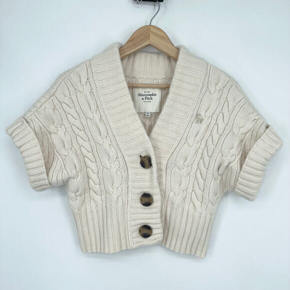 Abercrombie & Fitch Chunky Cable Knit Short Sleeve Cardigan Sweater Y2k, Cream - Picture 1 of 8